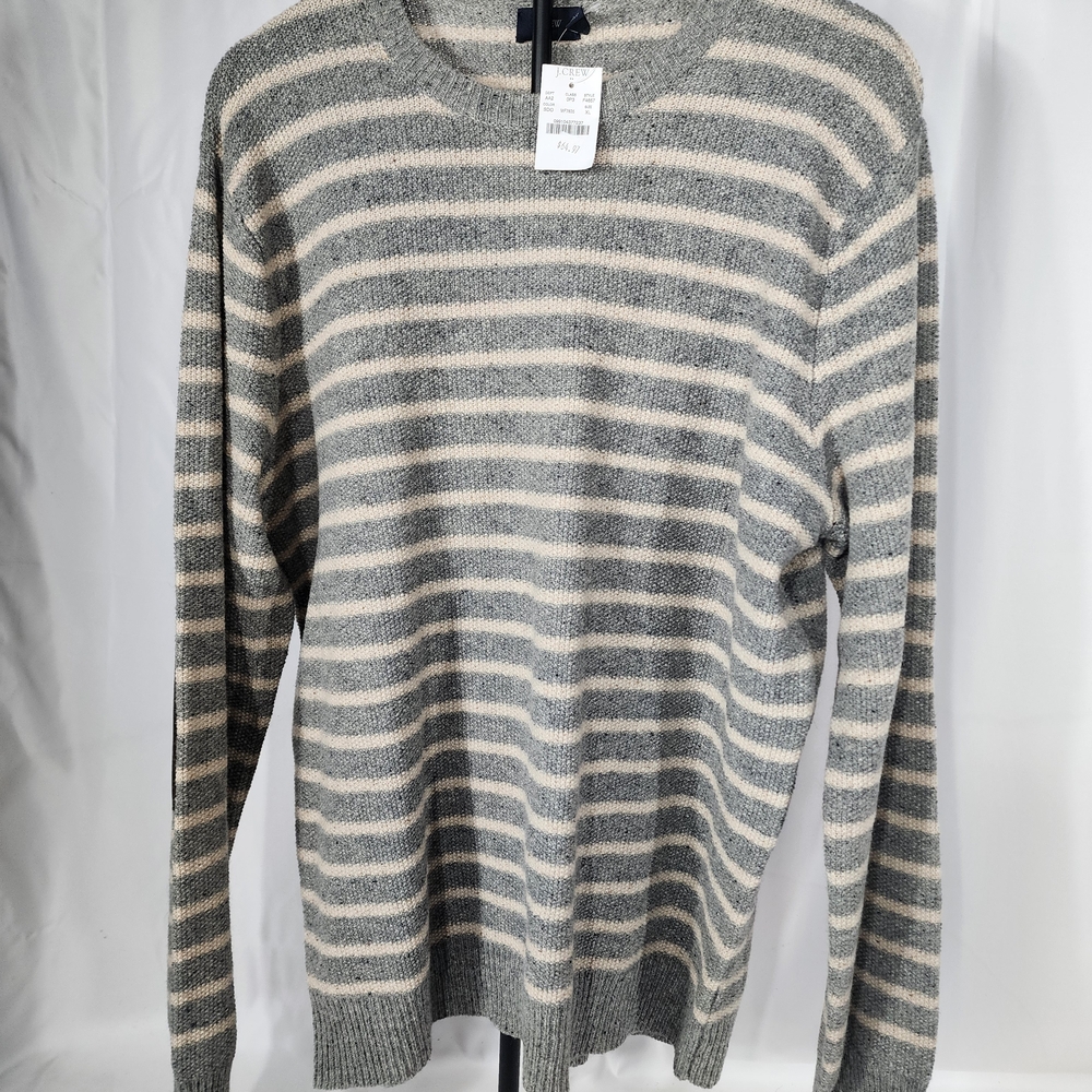 J. Crew Men's Striped Cream and Gray Crewneck Sweater